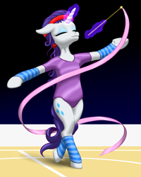 Size: 1024x1280 | Tagged: safe, artist:vasilium, derpibooru import, rarity, semi-anthro, unicorn, clothes, female, gymnastics, horn, leg warmers, leotard, magic, ribbon dancing, solo, telekinesis