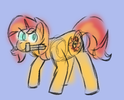 Size: 730x590 | Tagged: safe, artist:zoeyhorse, derpibooru import, sunset shimmer, pony, unicorn, g4, blue background, doodle, female, furrowed brow, horn, mare, mouth hold, simple background, solo, sword, weapon