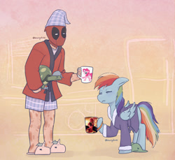 Size: 1824x1668 | Tagged: safe, artist:starryducks, derpibooru import, pinkie pie, rainbow dash, tank, human, pegasus, pony, tortoise, g4, bathrobe, clothes, coffee mug, crossover, dashie slippers, deadpool, eyes closed, female, hat, holding a tortoise, hoof hold, human male, male, mare, marvel, mug, nightcap, onomatopoeia, robe, signature, sleepy, slippers, sound effects, spider-man, tank slippers, themed slippers, trio, wade wilson, zzz