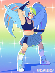 Size: 1080x1440 | Tagged: safe, artist:easysneezy, derpibooru import, rainbow dash, human, clothes, gradient background, hatsune miku, humanized, looking at you, pigtails, rainbow background, shoes, skirt, smiling, smiling at you, socks, solo, sports bra, twintails, vocaloid, winged humanization, wings