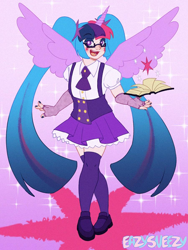 Size: 900x1200 | Tagged: safe, artist:easysneezy, derpibooru import, twilight sparkle, human, book, clothes, gradient background, hatsune miku, horn, horned humanization, humanized, looking at you, pigtails, shoes, skirt, smiling, smiling at you, socks, solo, twintails, vocaloid, winged humanization, wings