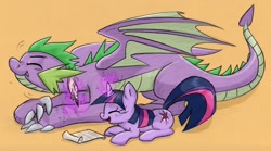 Size: 1278x710 | Tagged: safe, artist:skutchi, derpibooru import, part of a set, spike, twilight sparkle, unicorn twilight, dragon, pony, unicorn, g4, cute, duo, duo male and female, eyes closed, female, levitation, lying down, magic, male, mama twilight, older, older spike, open mouth, open smile, orange background, prone, quill, scroll, simple background, smiling, spikabetes, teenage spike, teenaged dragon, teenager, telekinesis, tickling, twiabetes, winged spike, wings