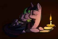 Size: 1279x853 | Tagged: safe, artist:skutchi, derpibooru import, part of a set, spike, twilight sparkle, unicorn twilight, dragon, pony, unicorn, g4, arm behind head, book, candle, crying, cute, duo, duo male and female, eyes closed, female, horn, kiss on the cheek, kissing, lying down, lying on top of someone, male, mama twilight, on back, prone, sleeping, smiling, spikabetes, wingless spike