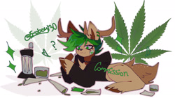 Size: 1920x1080 | Tagged: safe, artist:emoboy130, derpibooru import, oc, oc only, oc:tw3lv3, deer, :3, abstract background, antlers, black hoodie, blunt, bong, brown fur, brown hooves, brown tail, chest fluff, choker, clothes, colored antlers, colored hooves, colored pinnae, commission, deer oc, doe, drugs, ear fluff, ear piercing, earring, ears, eye clipping through hair, eyelashes, female, green eyes, green hair, green text, grinder, hoodie, hoof hold, hooves, jewelry, lying down, marijuana, non-pony oc, outline, piercing, question mark, raised hooves, shiny hooves, simple background, sitting, smiling, solo, spiky hair, sticker, tail, tail markings, tall ears, text, three quarter view, watermark, white background