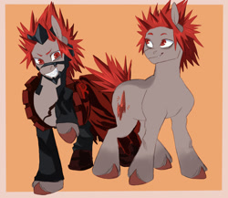 Size: 1500x1300 | Tagged: safe, artist:abbytabbys, derpibooru import, part of a set, earth pony, pony, anime, boots, border, brown hooves, cape, clothes, coat markings, colored ears, colored eyebrows, colored pupils, costume, duality, eijirou kirishima, eye markings, helmet, hoof boots, leg markings, looking back, looking up, male, my hero academia, orange background, oversized clothes, pants, passepartout, ponified, raised hoof, raised leg, red eyes, red mane, red tail, requested art, sash, sharp teeth, shoes, shoulder pads, simple background, smiling, socks (coat marking), solo, species swap, spiky mane, spiky tail, standing, standing on three hooves, superhero costume, tail, tall ears, tan coat, teenager, teeth, three quarter view, torn clothes