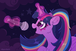 Size: 2969x2000 | Tagged: safe, artist:skysorbett, derpibooru import, twilight sparkle, twilight sparkle (alicorn), alicorn, pony, equestria girls, g4, rainbow rocks, abstract background, female, glowing, glowing horn, horn, magic, magic aura, mare, microphone, rainbow rocks 10th anniversary, singing, solo, telekinesis