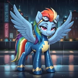 Size: 1024x1024 | Tagged: safe, ai content, derpibooru import, generator:pony diffusion v6 xl, generator:stable diffusion, machine learning generated, rainbow dash, pegasus, pony, g4, city, clothes, glasses, goggles, goggles on head, prompter:thelight3d, rain, smiling, solo, spread wings, uniform, wings, wonderbolts uniform