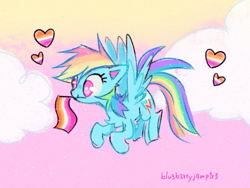 Size: 1241x931 | Tagged: safe, artist:flutterberrypie, derpibooru import, rainbow dash, pegasus, pony, g4, female, floating heart, heart, lesbian pride flag, mare, mouth hold, no pupils, pride, pride flag, signature, sky background, solo, sunset