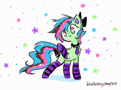 Size: 1433x1066 | Tagged: safe, artist:flutterberrypie, derpibooru import, oc, oc only, earth pony, pony, bow, clothes, female, hair bow, mare, necktie, ponysona, signature, simple background, socks, solo, stars, striped socks, tail, tail bow, waving, waving at you, white background