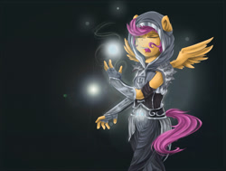 Size: 1280x967 | Tagged: safe, artist:redheadfly, derpibooru import, scootaloo, anthro, clothes, magic, solo