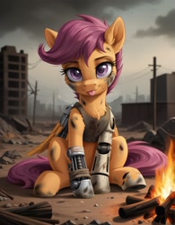 Size: 1072x1376 | Tagged: safe, ai content, derpibooru import, generator:pony diffusion v6 xl, generator:stable diffusion, machine learning generated, scootaloo, pegasus, pony, g4, amputee, artificial wings, augmented, campfire, chest fluff, clothes, cute, dirty, ear fluff, ears, female, looking at you, mare, mechanical wing, post-apocalyptic, prompter:ramprover, prosthetic limb, prosthetics, sitting, solo, tongue, tongue out, wasteland, wings