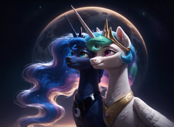 Size: 2816x2048 | Tagged: safe, ai content, derpibooru import, generator:pony diffusion v6 xl, generator:stable diffusion, machine learning generated, princess celestia, princess luna, alicorn, pony, g4, crown, duo, duo female, female, horn, jewelry, mare, moon, peytral, prompter:star-dragon, realistic, regalia, smiling, stars, wings