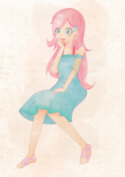 Size: 2480x3508 | Tagged: safe, artist:dorothealicebiu, derpibooru import, fluttershy, human, :o, abstract background, clothes, dress, hand on mouth, humanized, open mouth, shoes, solo