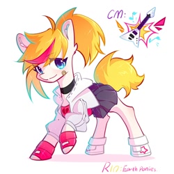 Size: 1024x1024 | Tagged: safe, artist:horeyearth, derpibooru import, earth pony, pony, bandaid on cheek, clothes, cutie mark, female, jacket, mare, muse dash, ponified, rin (muse dash), shoes, simple background, skirt, smiling, solo, species swap, text, white background