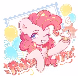 Size: 2089x2099 | Tagged: safe, artist:acha4753, derpibooru import, pinkie pie, earth pony, pony, abstract background, bust, cupcake, female, food, grin, mare, one eye closed, portrait, smiling, solo, text, wink