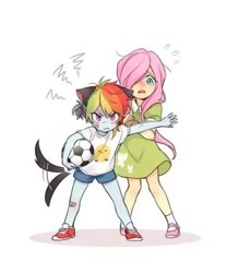 Size: 475x570 | Tagged: safe, artist:dcon, derpibooru import, fluttershy, rainbow dash, human, equestria girls, g4, blushing, clothes, dog ears, dog tail, dress, duo, duo female, female, flutterdash, football, lesbian, protecting, rainbow dog, shipping, shirt, shoes, shorts, simple background, smoldash, socks, sports, t-shirt, tail, tail wag, tallershy, white background, younger