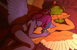 Size: 3840x2510 | Tagged: safe, artist:coreboot, derpibooru import, oc, oc only, oc:angley, oc:emerald stonesetter, anthro, pegasus, bra, clothes, commission, couple, eyes closed, lying down, on back, on side, shorts, snuggling, spread wings, underwear, wings