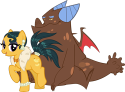 Size: 5820x4289 | Tagged: safe, artist:cheezedoodle96, artist:thesharp0ne, derpibooru import, edit, cleopatra jazz, dragon, earth pony, pony, dragon quest, dungeons and discords, g4, .svg available, absurd resolution, bhm, bracelet, clump, crack shipping, duo, duo male and female, ear piercing, earring, eyeshadow, fat, feather boa, female, fur scarf, high res, jewelry, lidded eyes, looking at you, makeup, male, mare, necklace, pearl, piercing, raised hoof, raised leg, ship:clumpatra, shipping, simple background, smiling, straight, tail, tail wrap, teenaged dragon, transparent background, vector, vector edit