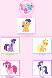 Size: 1007x1519 | Tagged: artist needed, safe, derpibooru import, editor:timru-chapkhaev, applejack, flash sentry, pinkie pie, rarity, twilight sparkle, twilight sparkle (alicorn), alicorn, g4, cast meme, doki doki literature club!