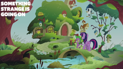 Size: 2000x1125 | Tagged: safe, derpibooru import, edit, edited screencap, editor:quoterific, screencap, spike, twilight sparkle, unicorn twilight, dragon, pony, unicorn, g4, magical mystery cure, season 3, bird house, bridge, duo, duo male and female, female, fluttershy's cottage, horn, male, mare, river, stream, water, wingless spike