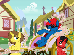 Size: 2048x1536 | Tagged: safe, artist:ry-bluepony1, derpibooru import, oc, oc only, oc:grapefruit face, oc:mickey motion, oc:train track, horn, male, mane, ponyville, stallion, sunglasses, tail, trio, trio male