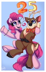 Size: 2000x3100 | Tagged: safe, artist:shadowreindeer, derpibooru import, pinkie pie, oc, oc:kevin reindeer, deer, pony, reindeer, balloon, birthday, friendshipping, happy birthday