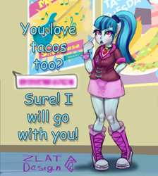 Size: 2586x2891 | Tagged: safe, artist:zlatdesign, derpibooru exclusive, derpibooru import, sonata dusk, equestria girls, g4, boots, bronybait, clothes, cute, gem, miniskirt, rainbow rocks 10th anniversary, shoes, siren gem, skirt, taco tuesday, text