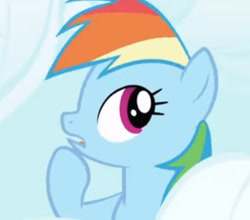 Size: 524x461 | Tagged: safe, derpibooru import, screencap, rainbow dash, pony, friendship is magic, g4, cloud, cropped screencap, solo