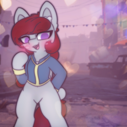 Size: 2664x2664 | Tagged: safe, artist:sodapop sprays, derpibooru import, oc, oc only, oc:skyfire lumia, pegasus, pony, semi-anthro, fallout equestria, belly, belly button, bipedal, blushing, clothes, ear fluff, ears, fallout, featureless crotch, female, jumpsuit, looking at you, mare, smug, solo, vault suit