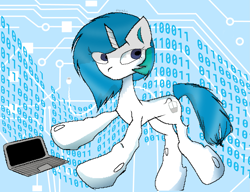 Size: 2463x1891 | Tagged: safe, artist:npcmoding, derpibooru import, oc, oc:compushka, pony, abstract background, belarus, binary, blue mane, circuit board, compushka, compushka.by, computer, concave belly, female, laptop computer, mare, patterned background, solo, technology, white pony