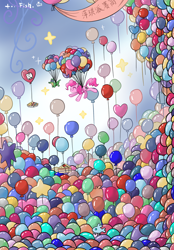 Size: 1640x2360 | Tagged: safe, artist:li-84, derpibooru import, gummy, pinkie pie, earth pony, pony, g4, balloon, female, floating, gradient background, heart, heart balloon, mare, text, that pony sure does love balloons, then watch her balloons lift her up to the sky