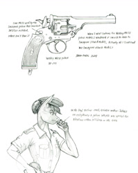 Size: 1035x1300 | Tagged: safe, artist:baron engel, derpibooru import, anthro, black and white, female, grayscale, gun, handgun, mare, monochrome, pencil drawing, police, police officer, revolver, simple background, solo, traditional art, weapon, webley, white background