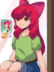 Size: 768x1024 | Tagged: safe, artist:namaenonaipony, derpibooru import, apple bloom, human, equestria girls, g4, belt, clothes, denim, humanized, jeans, pants, reference used, screencap reference, shirt, sitting, smiling, solo, t-shirt