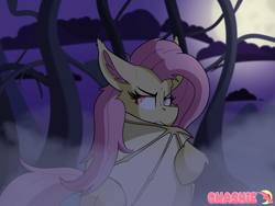 Size: 4800x3600 | Tagged: safe, artist:gnashie, derpibooru import, fluttershy, bat pony, g4, bat ponified, cloud, ears back, flutterbat, fog, forest, moon, nature, night, race swap, red eyes, sitting, tree, wings