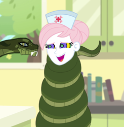 Size: 1058x1080 | Tagged: safe, artist:tyriuskishayinew16, derpibooru import, nurse redheart, chimera, human, snake, equestria girls, g4, coils, cute, duo, female, hat, hypno eyes, hypnosis, hypnotized, kaa eyes, looking at each other, looking at someone, nurse hat, open mouth, open smile, smiling, smiling at each other