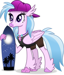 Size: 4562x5319 | Tagged: safe, artist:anime-equestria, derpibooru import, silverstream, hippogriff, g4, alternate hairstyle, backwards ballcap, baseball cap, cap, ear piercing, female, hat, jewelry, necklace, piercing, simple background, smiling, solo, surfboard, transparent background, vector, wings