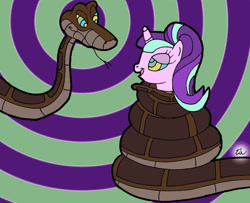 Size: 1024x833 | Tagged: safe, artist:lol20, derpibooru import, starlight glimmer, pony, snake, unicorn, g4, coils, cute, female, horn, hypno eyes, hypnosis, hypnotized, kaa, kaa eyes, looking at each other, looking at someone, male, mare, open mouth, open smile, s5 starlight, smiling, smiling at each other, snake tail, tail, tongue, tongue out, wrapped snugly, wrapped up