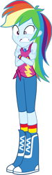 Size: 1476x4952 | Tagged: safe, artist:octosquish7260, derpibooru import, rainbow dash, human, better together, equestria girls, g4, street chic, boots, clothes, female, geode of super speed, magical geodes, rainbow socks, shoes, shorts, simple background, socks, solo, standing, striped socks, tanktop, transparent background, wristband