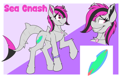 Size: 3437x2217 | Tagged: safe, artist:gnashie, derpibooru import, oc, oc only, oc:sea gnash, original species, shark, shark pony, concave belly, ear piercing, earring, jewelry, leg band, necklace, piercing, redesign, reference sheet, sharp teeth, shell, teeth, thin