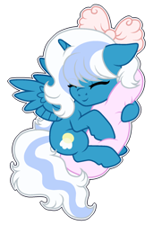 Size: 1300x1900 | Tagged: safe, artist:persefawn, derpibooru import, oc, oc only, oc:fleurbelle, alicorn, pony, alicorn oc, bow, female, hair bow, holding pillow, horn, mare, pink bow, simple background, sleeping, solo, tail, transparent background, two toned hair, two toned mane, two toned tail, wings