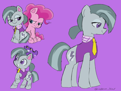 Size: 4096x3072 | Tagged: safe, artist:metaruscarlet, derpibooru import, octavio pie, pinkie pie, alligator, earth pony, pony, g4, g4.5, my little pony: pony life, clothes, g4.5 to g4, generation leap, grin, looking at each other, looking at someone, necktie, purple background, raised hoof, raised leg, simple background, sitting, smiling