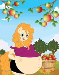 Size: 918x1172 | Tagged: safe, artist:geoge williams, derpibooru import, pear butter, anthro, g4, apple, apple tree, belly, belly button, big belly, big breasts, blouse, breasts, bucket, clothes, cloud, commission, complex background, curly hair, curly mane, curly tail, exposed belly, female, food, hair tie, huge belly, hyper, hyper belly, hyper pregnancy, implied big macintosh, implied bright mac, impossibly large belly, looking at you, mare, midriff, orchard, ponyville, pregnant, skirt, smiling, smiling at you, solo, solo female, sweet apple acres, tail, tree, tree branch