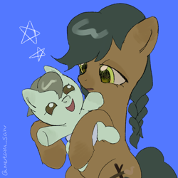 Size: 4096x4096 | Tagged: safe, artist:metaruscarlet, derpibooru import, earth pony, pony, g4, absurd resolution, acacia pie, baby, baby pony, babysitting, blue background, braid, braided pigtails, brother and sister, colt, diaper, duo, female, foal, holding a baby, looking at each other, looking at someone, male, mare, not an oc, open mouth, pigtails, pleased, siblings, simple background, spruce pie, stars