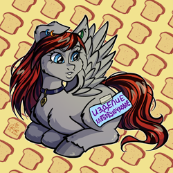 Size: 2048x2048 | Tagged: safe, artist:gigisarts, derpibooru import, oc, oc only, oc:darkshy, bread, cyrillic, ear piercing, food, hooves, piercing, russian, solo