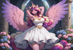 Size: 3648x2496 | Tagged: safe, ai content, derpibooru import, machine learning generated, princess cadance, alicorn, anthro, g4, blushing, clothes, dress, female, flower, heart, looking at you, mare, prompter:sebaipeach, solo, spread wings, strapless, strapless dress, white dress