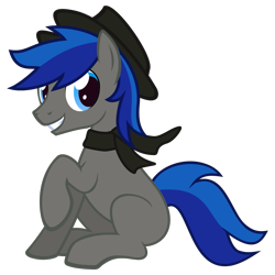 Size: 1501x1501 | Tagged: safe, artist:the smiling pony, derpibooru import, oc, oc only, oc:onyx vesper, pony, .svg available, 2024 community collab, clothes, derpibooru community collaboration, hat, looking at you, male, raised hoof, raised leg, scarf, sitting, smiling, solo, stallion, svg, vector