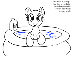 Size: 734x600 | Tagged: safe, artist:anonymous, derpibooru import, g4, bath toy, bathing, bottle, doodle, duochrome, female, inflatable pool, kiddie pool, leaning, lineart, looking at you, mare, misspelling, no mane, open mouth, open smile, pony base, simple background, smiling, smiling at you, soap, soap bottle, solo, text, water, white background