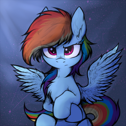 Size: 3400x3400 | Tagged: safe, artist:tatykin, derpibooru import, rainbow dash, pegasus, pony, g4, abstract background, chest fluff, crossed hooves, ear fluff, ears, female, frown, high res, looking at you, mare, reflection, solo, spread wings, wings