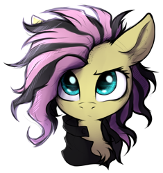 Size: 3200x3400 | Tagged: safe, artist:tatykin, derpibooru import, fluttershy, pegasus, pony, g4, alternate hairstyle, bust, chest fluff, clothes, dyed mane, ear fluff, ears, edgy, emoshy, female, fluttergoth, flutterpunk, high res, mare, portrait, punk, punk rock, rockershy, simple background, solo, white background