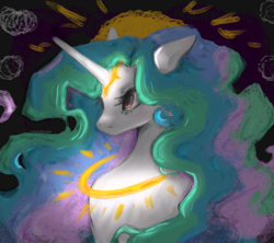 Size: 1800x1600 | Tagged: safe, artist:lunciafnafpl, derpibooru import, princess celestia, alicorn, pony, g4, abstract background, bust, ears, female, floppy ears, halo, horn, long horn, mare, solo